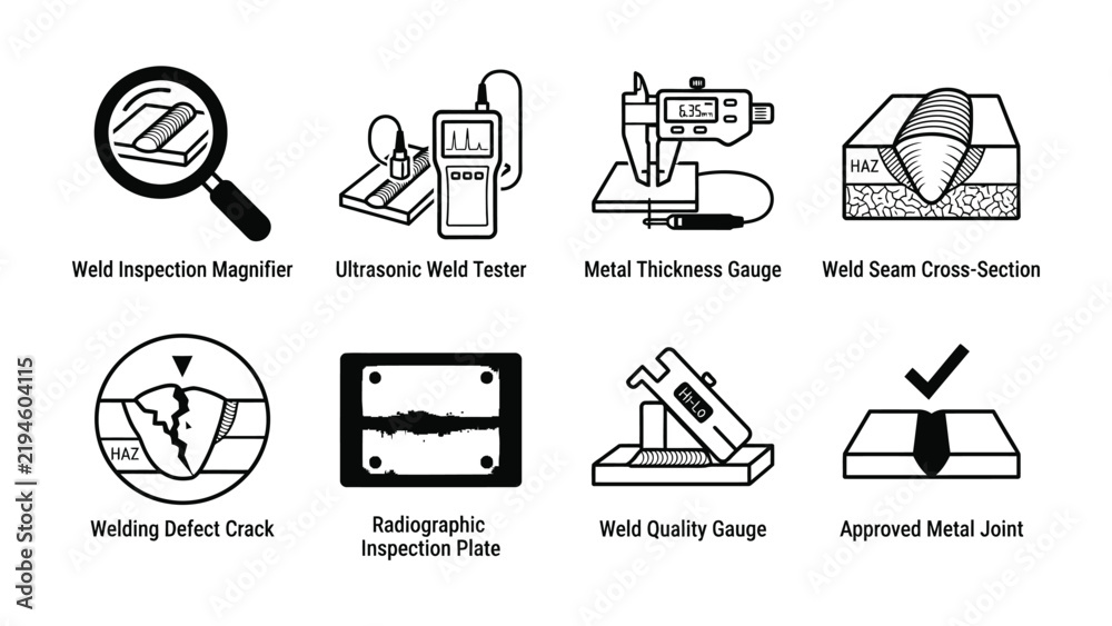 Obraz premium Welding Quality Control Icons: A collection of black and white icons representing various tools and methods used for weld inspection and quality control, including magnifiers, testers, gauges.
