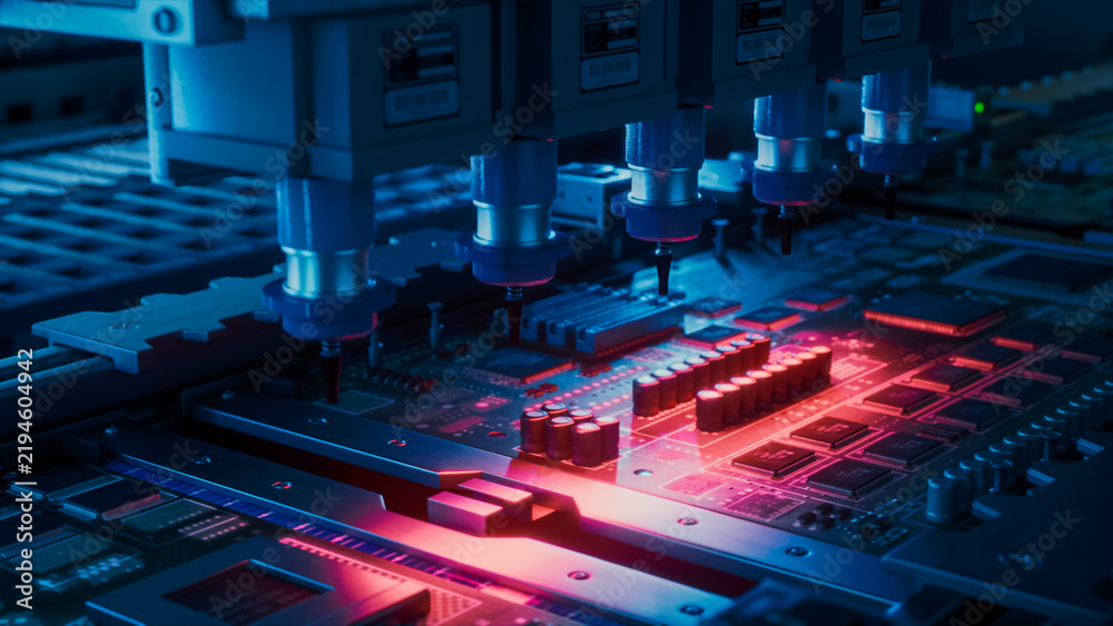 Obraz premium Pick and Place Robot Head Lowers Steel Nozzles Onto a Printed Circuit Board Glowing Crimson Under Blue Light, Showing Unmanned Chip Mounting Workflow Inside a Modern Electronics Factory.