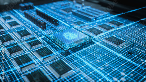 Obraz na płótnie Glowing Padlock Icon Lights up a Processor Chip on a Circuit Board, Visualizing Cybersecurity Encryption, Data Protection and Secure Computing in Electronics Factory Technology.