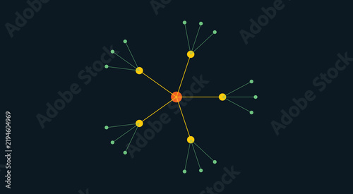 Central hub network with branching nodes abstract technology background