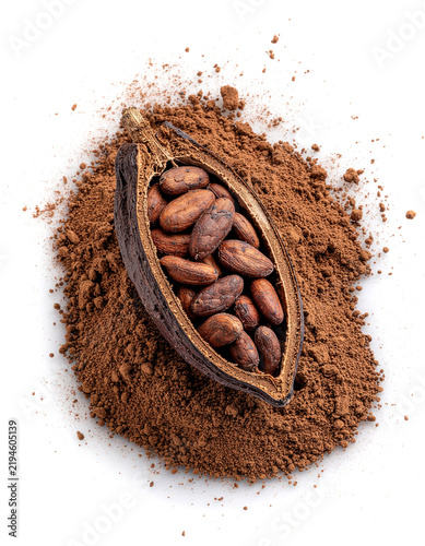 Cocoa beans in a pod on cocoa powder on a white background. Generative AI