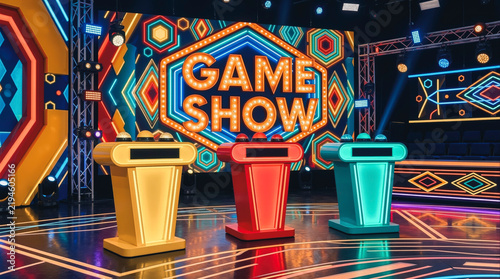 Game Show Stage With Three Colorful Podium Buzzers And Bright Neon Lights