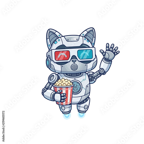 A cute robot cat wearing 3D glasses, holding popcorn, and waving, with jet boosters.