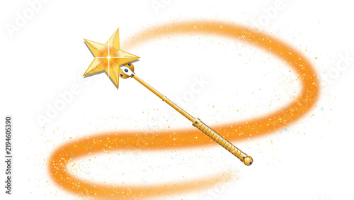 Fotografie Golden fairy wand with a shining star top and magic glowing sparkles isolated on