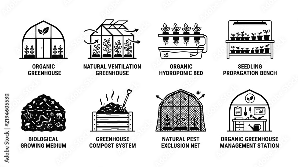 Obraz premium Greenhouse Farming Icons: A collection of clean, modern line art icons representing various aspects of organic greenhouse farming, including the structure itself, propagation methods.