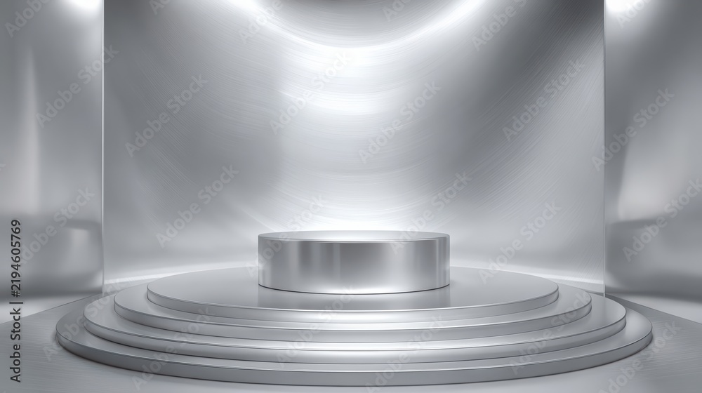 Obraz premium Metallic empty platform stage, silver and steel tones, reflective environment, clean premium mockup