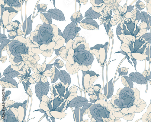 Seamless toile flower pattern in vector. Hand draw vintage floral pattern