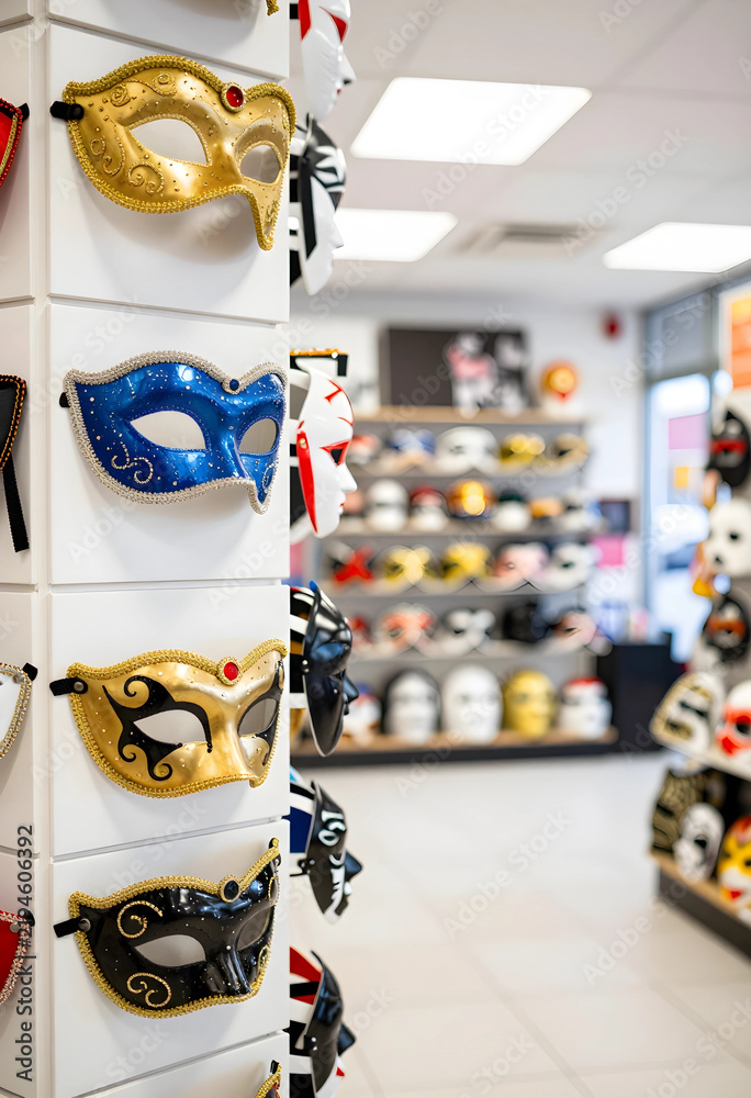 Naklejka premium Masquerade and carnival celebration, venetian masks displayed on a store wall for party supplies and festive events in a retail shop interior