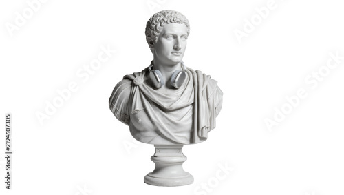 Quadro su tela Ancient Roman marble bust wearing modern silver headphones, isolated on transpar