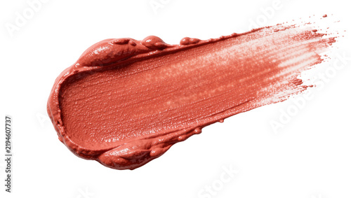 Fotografía Textured coral lipstick smear with glossy highlights, isolated on transparent ba