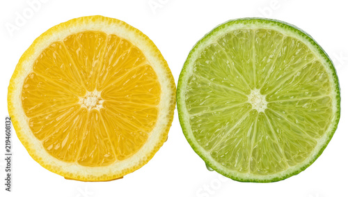 Juicy yellow lemon slice and green lime slice, isolated on transparent background