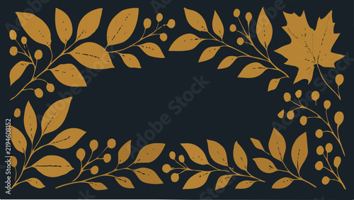 Navy Vector Autumn Leaves Background with Gold Botanical Frame