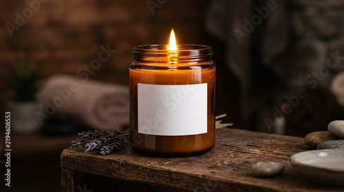 Glowing aromatherapy candle burning in a brown amber glass jar with a completely blank white rectangular label on a rustic wooden shelf.