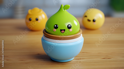 Green pear character in blue bowl with smiling fruit background creates playful dessert scene