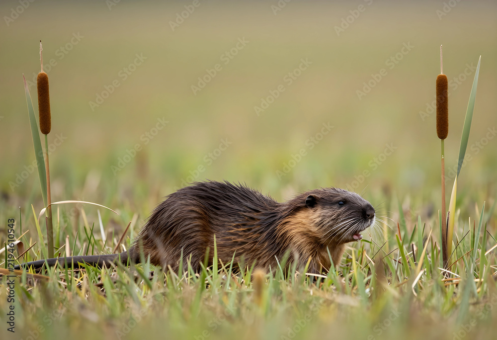 Fototapeta premium Wildlife conservation and wetland ecosystem, muskrat foraging in marsh grass with cattails in natural habitat during spring season in the wilderness