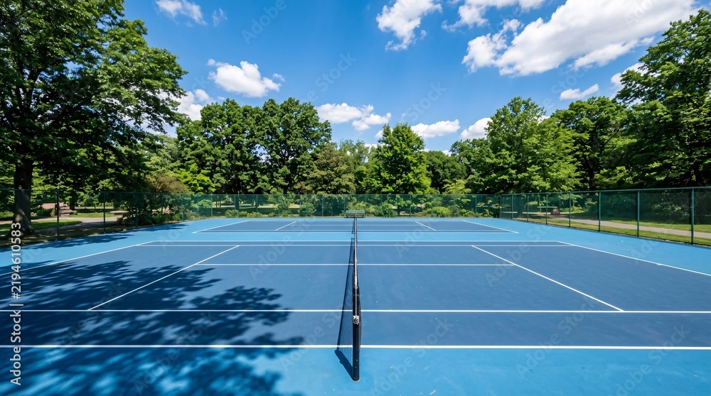 Obraz premium Blue hardcourt tennis court with sharp white lines and a black net standing empty amid lush green park trees under a brilliant sunny sky.