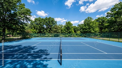 Blue hardcourt tennis court with sharp white lines and a black net standing empty amid lush green park trees under a brilliant sunny sky.