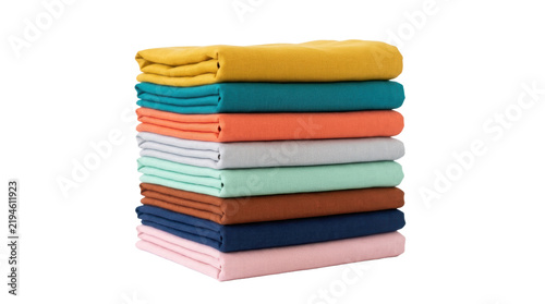 Stack of neatly folded colorful fabric sheets in solid hues for textile design, home decor, or craft projects