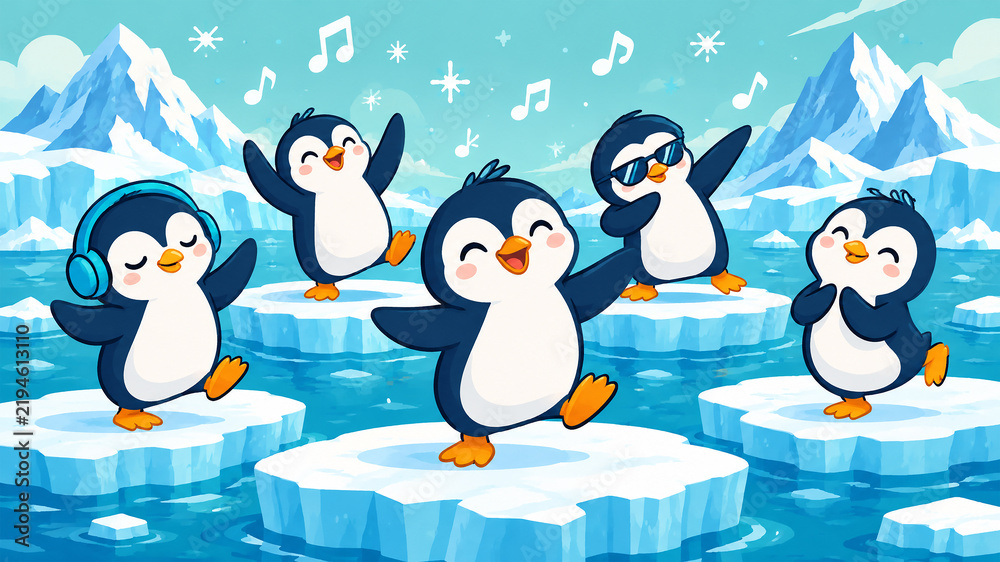 Obraz premium Cute Penguin Family Enjoying a Winter Picnic Under Northern Lights
