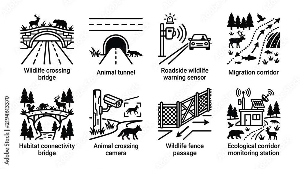 Fototapeta premium Wildlife Conservation Icons: A collection of diverse icons illustrating various methods of wildlife conservation, including bridges, tunnels, sensors, fences.