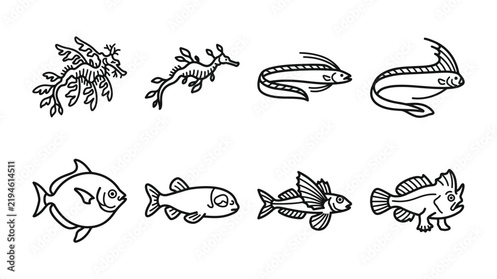 Obraz premium Collection of Marine Creature Illustrations: A set of whimsical line drawings showcases various aquatic animals, from the intricate seadragon to diverse fish species.