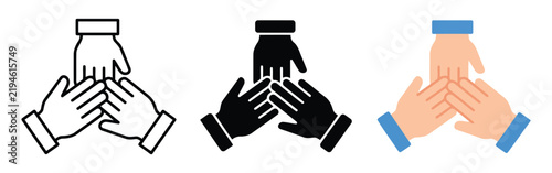 Three hands stacked together icon set, teamwork and cooperation concept