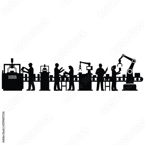 Modern manufacturing assembly line silhouette with robotic arms and human workers operating.