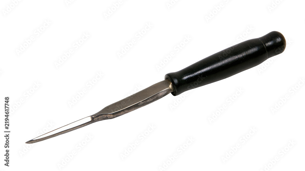 Obraz premium This professional hand tool features a pointed steel blade designed for precision woodworking and detailed craft projects in a workshop