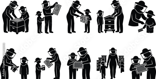 Beekeeper and Child Apiculture Training Icons Set, Family Honey Farming, Beehive Maintenance, Protective Suit, Honeycomb Frame Inspection Silhouettes Vector