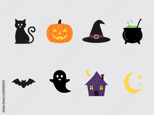 Cute Halloween flat vector icon set with pumpkin, ghost, bat, black cat, witch hat, cauldron, haunted house and crescent moon.