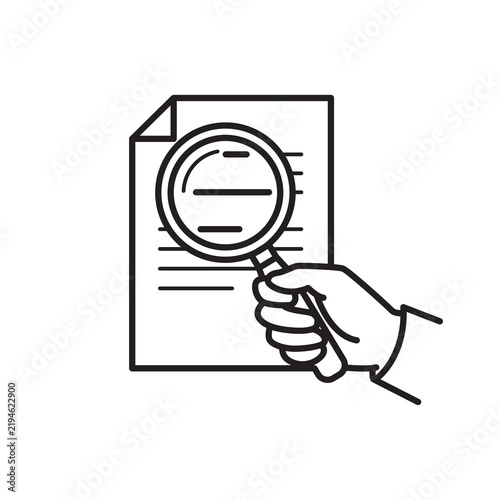 Hand using a magnifying glass to inspect and review a paper document icon.