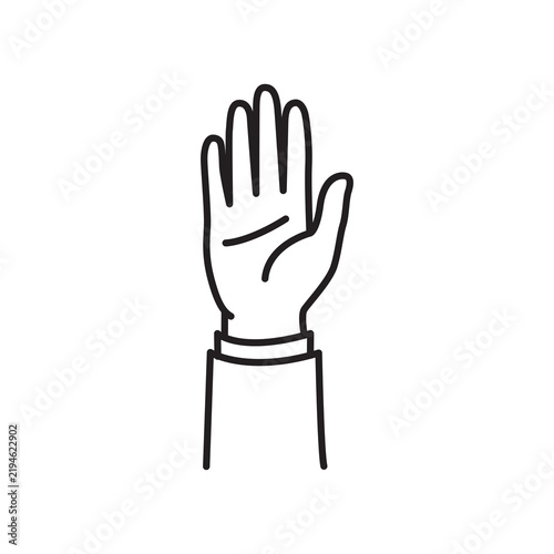Raised open hand showing palm for voting, stop, greeting, or participation icon.