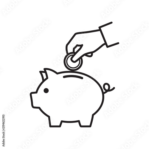 Hand saving money by dropping a coin into a piggy bank icon. 