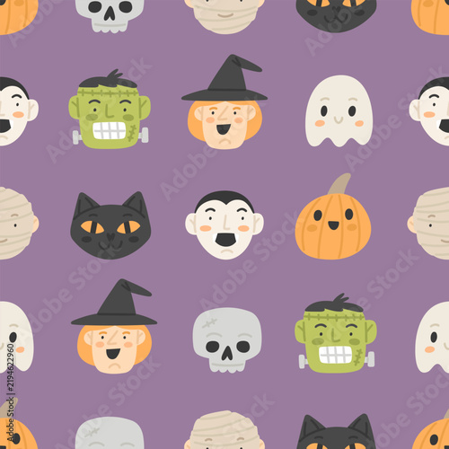 Pattern with Halloween spooky characters portraits. Cute holiday vector seamless texture with funny faces