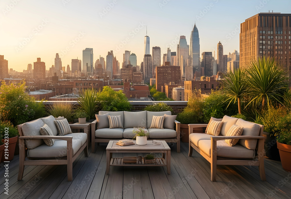 Fototapeta premium Urban lifestyle and luxury real estate, rooftop terrace with outdoor furniture overlooking city skyline at sunset for high end property development