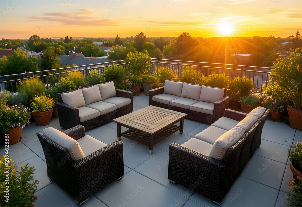 Fototapeta premium Luxury rooftop terrace lifestyle, outdoor lounge furniture set on a balcony with sunset view for real estate development and urban living concepts