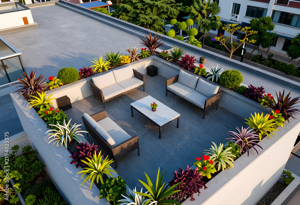 Fototapeta premium Urban lifestyle and rooftop garden design, modern terrace with outdoor furniture and landscaping for luxury real estate development and architecture