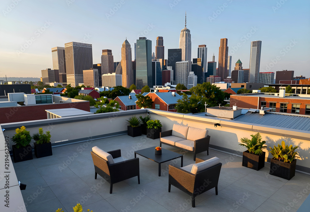 Fototapeta premium Urban lifestyle and real estate investment, rooftop terrace with skyline view and modern outdoor furniture for luxury living and city apartment living