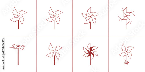 Minimalist pinwheel icon set, 8 red line art wind spinner vector elements, simple paper windmill illustrations for garden and energy concepts