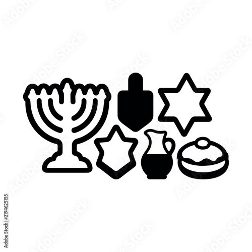 Cuadro en lienzo Hanukkah holiday line icons set, Jewish festival of lights symbols, black vector