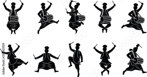 Punjabi Bhangra Dancers and Dhol Drummer Icons Set, Indian Folk Dance, Baisakhi Festival, Turban, Drum Sticks, Jumping Performer Silhouettes Vector