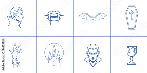 Foto Vampire horror icon set with 8 blue line art elements, gothic dracula character