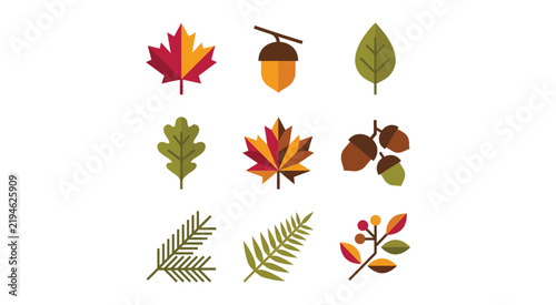 Leaves and acorns vector set with autumnal colors and geometric shapes. fall foliage design elements