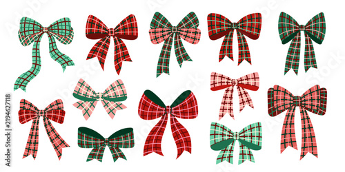 Red and green gingham bows collection. Hand drawn vector ribbon gift elements. Vintage plaid bows decorative illustration