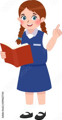 Schoolgirl Reading Book While Raising Finger