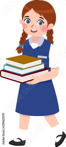 Schoolgirl Carrying Stack of Colorful Books