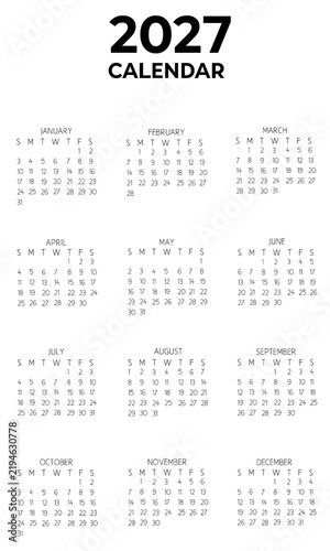 Full year 2027 calendar template. Minimalist and simple thin black typography layout displaying all twelve months isolated on a clean white background
