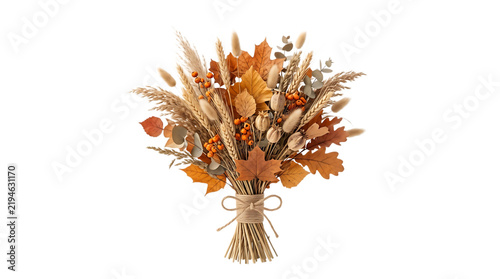 Rustic autumn bouquet with dried leaves wheat berries and natural foliage for Halloween harvest decoration isolated on transparent background
