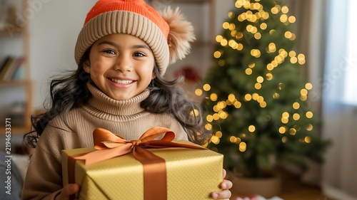 Smiling girl in winter clothing holding a wrapped gift beside a decorated christmas tree
