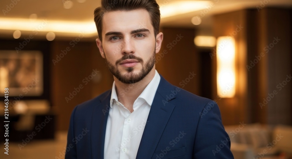 Fototapeta premium Confident young man in a navy suit, serious expression, blurred luxury hotel background